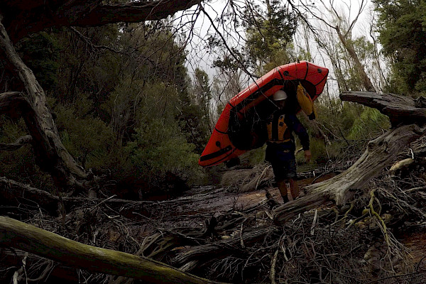 Carrying a packraft through a log-jammed river