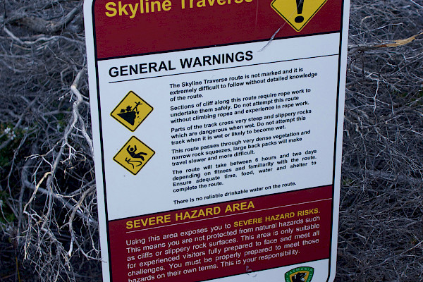 Skyline Traverse warning sign