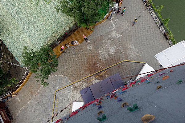 Looking down from the top of the climbing wall